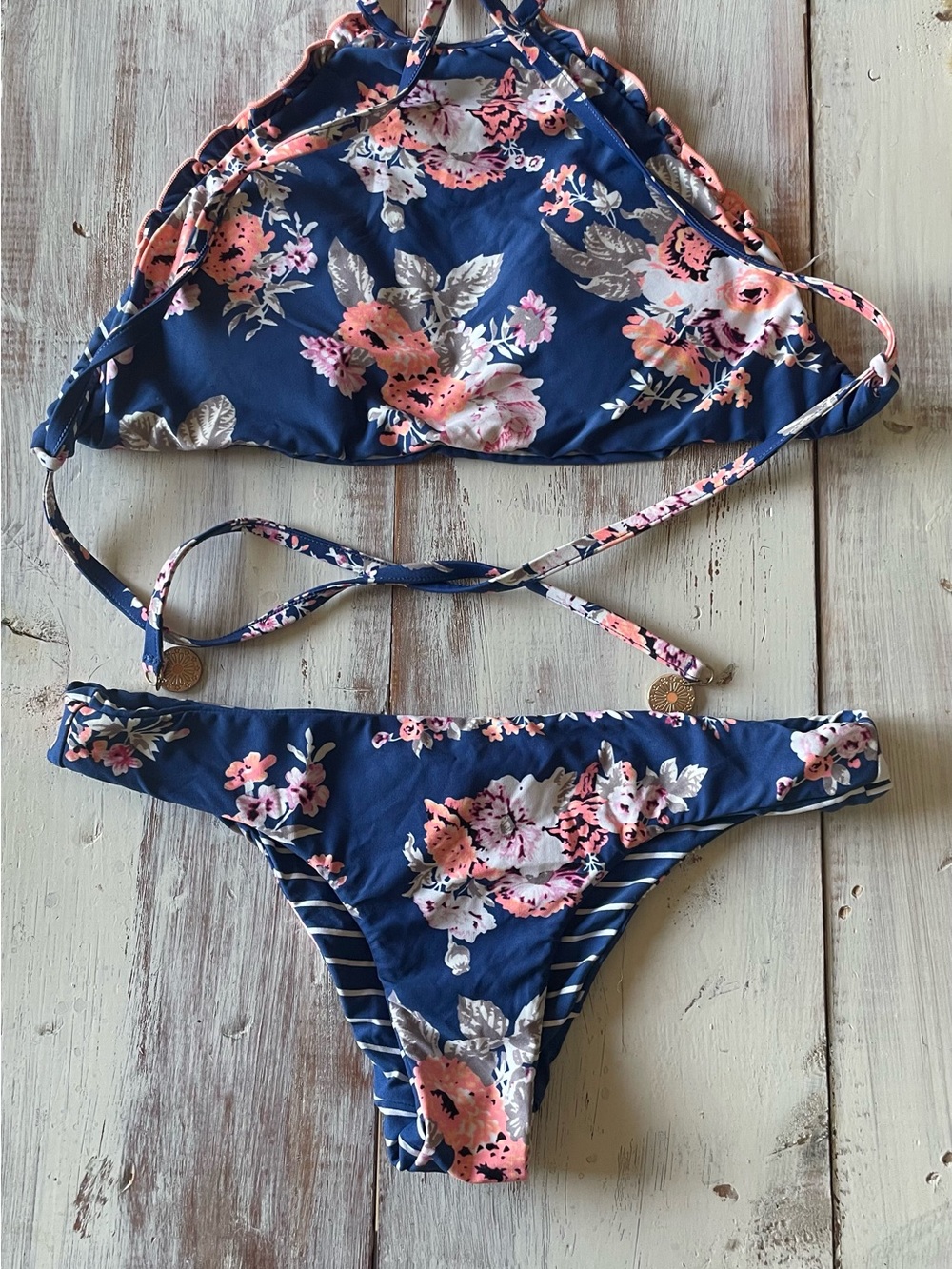 Seafolly Reversible Navy, White and Coral Bikini (NWOT)